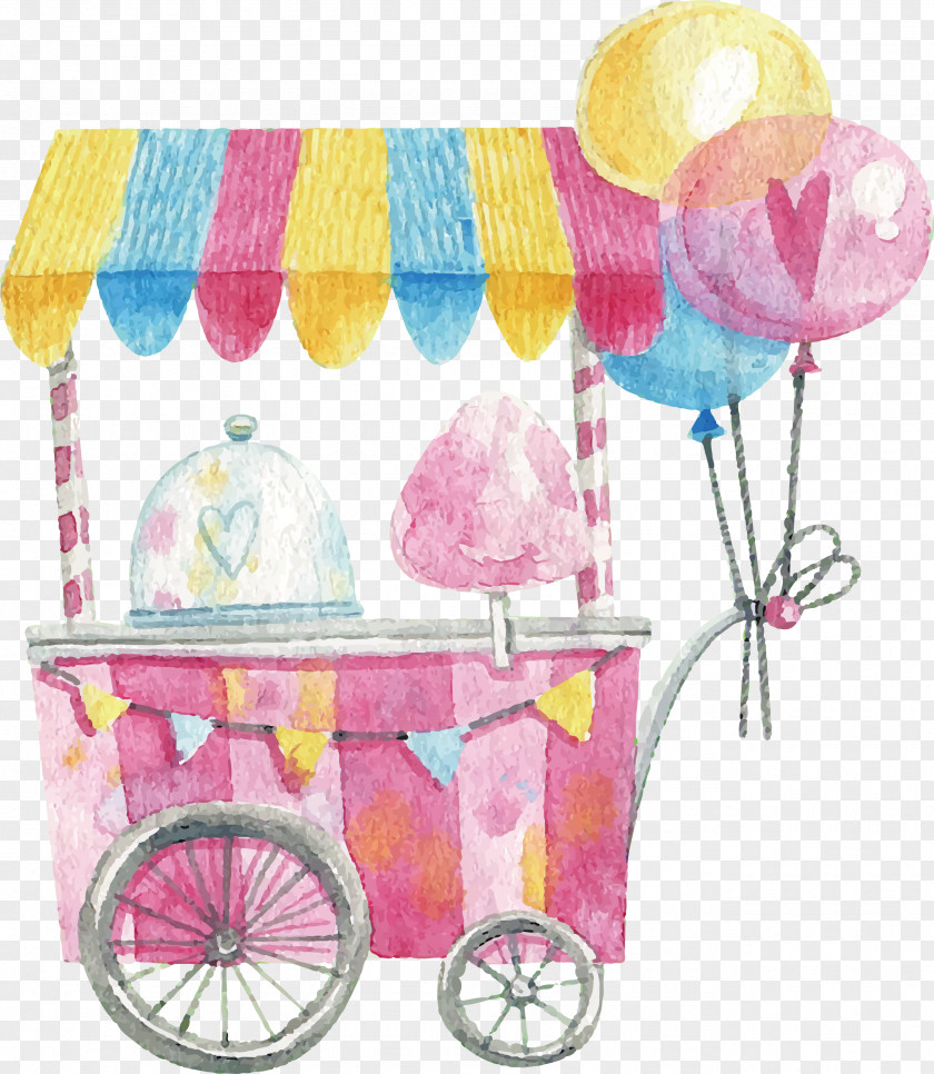 Watercolor Hand-painted Cotton Candy Cart Lollipop PNG