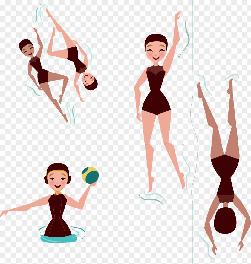 Vector Hand Painted Woman Swimming Synchronised Clip Art PNG