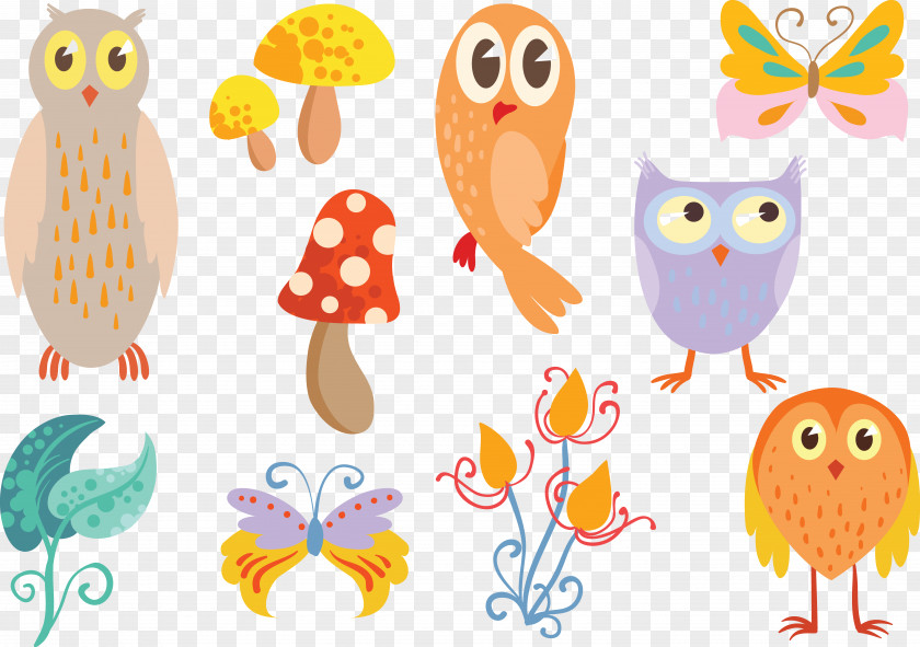 Magic Forest Mushroom Insects Owl Euclidean Vector Insect Clip Art PNG