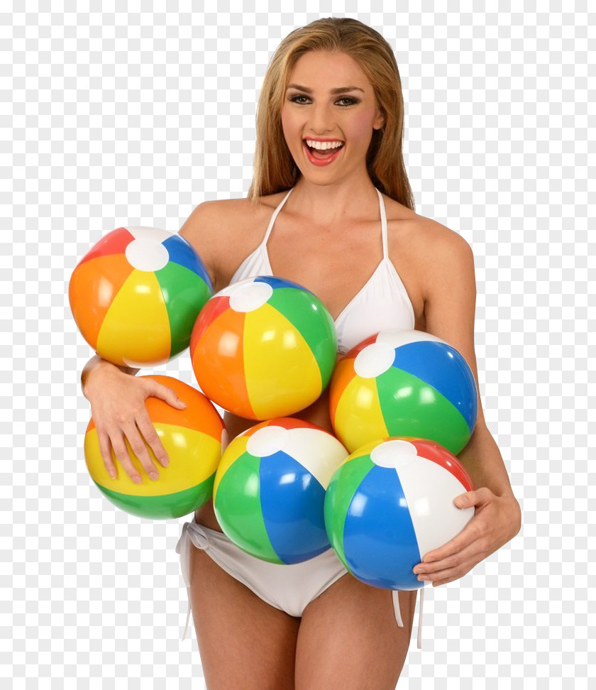 Happy Woman Holding Beach Ball Toy PNG