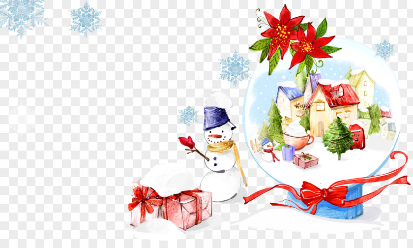 Snowman Next To A Crystal Ball In The Snow House Christmas Ornament Gift Illustration PNG