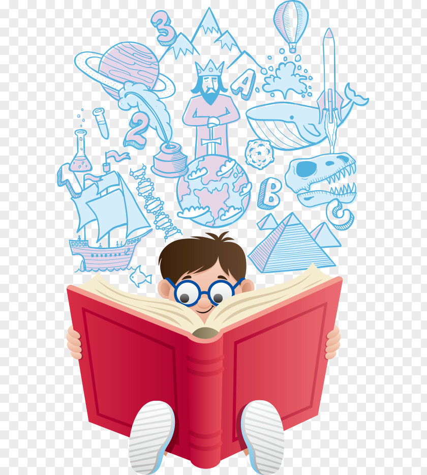 Vector Child Reading Cartoon Book Illustration PNG