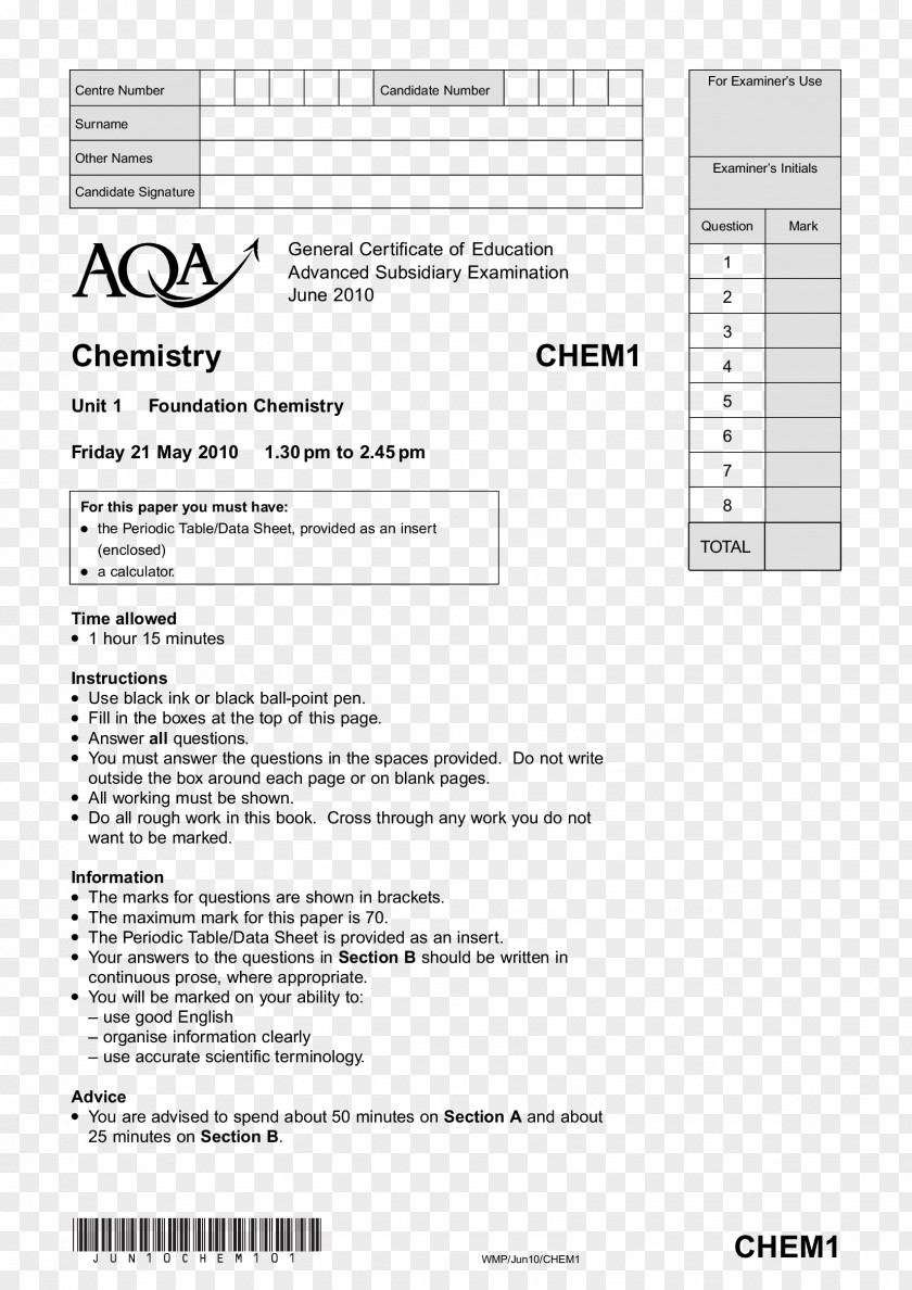 Aqa Assessment And Qualifications Alliance General Certificate Of Secondary Education Test GCE Advanced Level Past Paper PNG