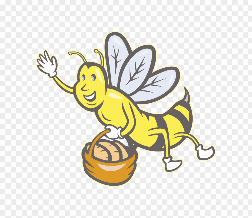 Cartoon Bee Collecting Nectar Loaf Bread Basket PNG