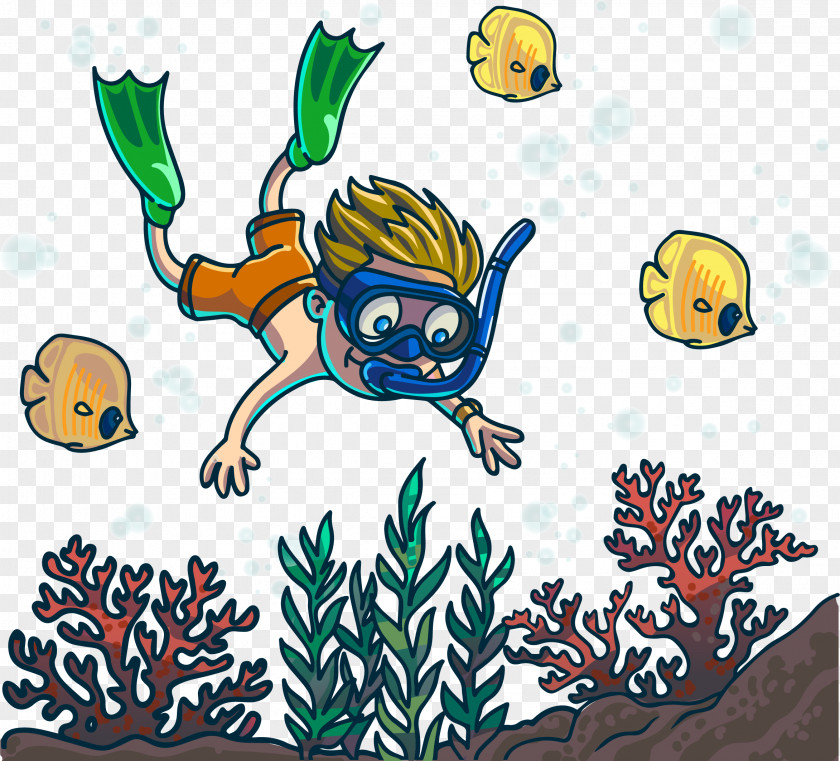 Vector Cartoon Creative Cute Diver Seabed Fish Underwater Diving Clip Art PNG