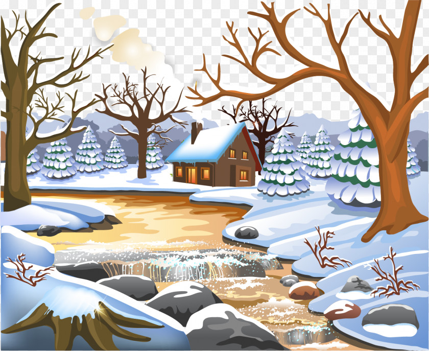 Vector Hand-painted Winter Forest Snow Landscape Painting Clip Art PNG