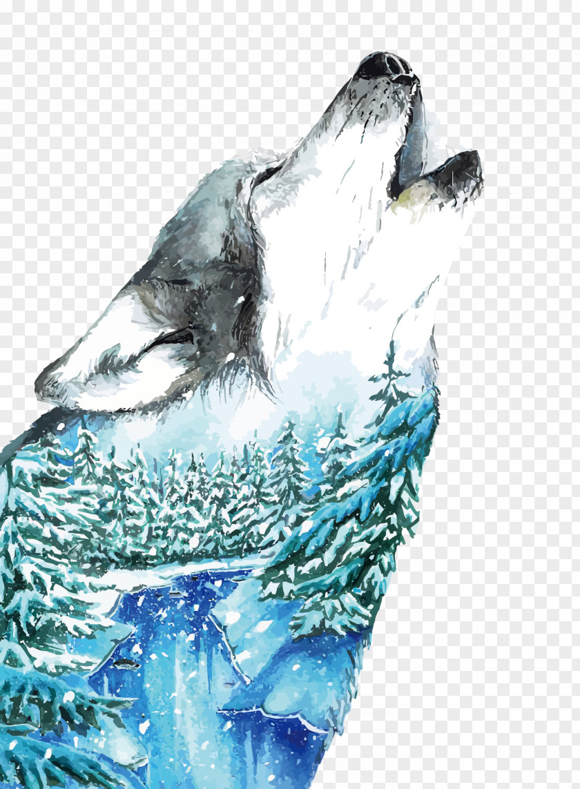 Vector Snowman Wolf Watercolor Painting Canvas Poster Art PNG