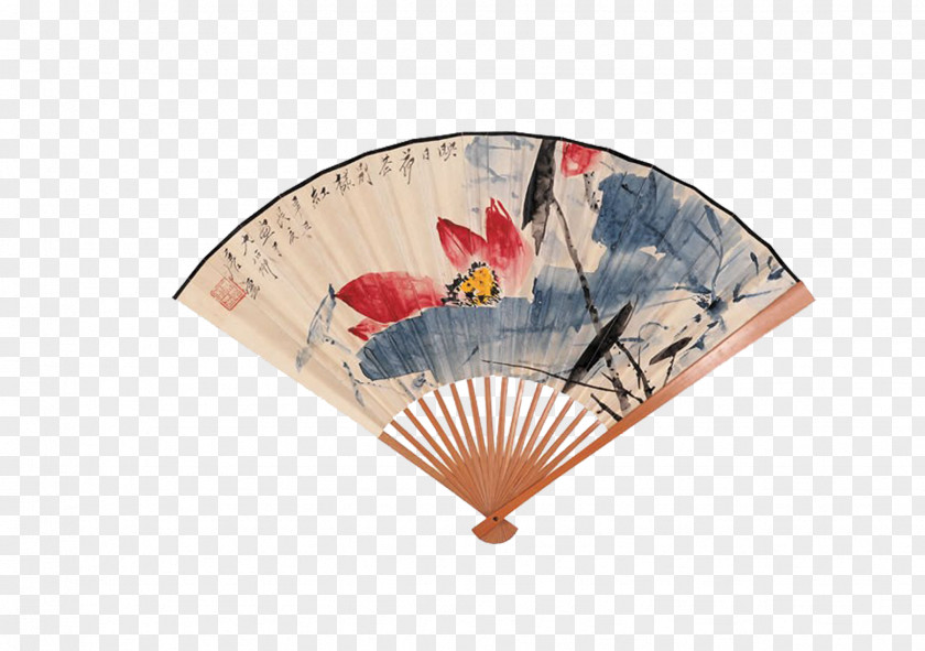 Antique Folding Lotus Hand Fan Paper Ink Wash Painting PNG