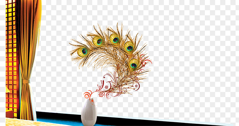 Creative Peacock Feather On Glass Graphic Design Peafowl PNG