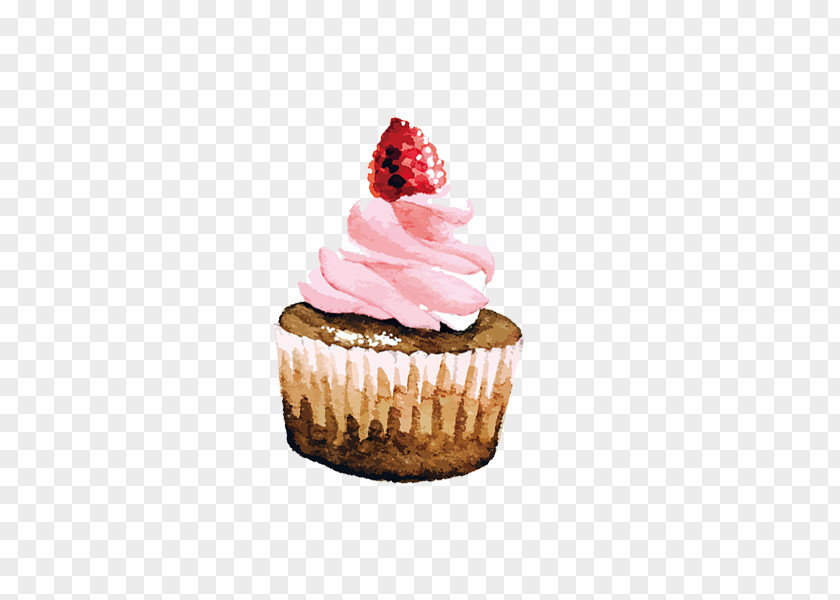 Watercolor Hand Painted Strawberry Cake Cupcake Cream Birthday PNG