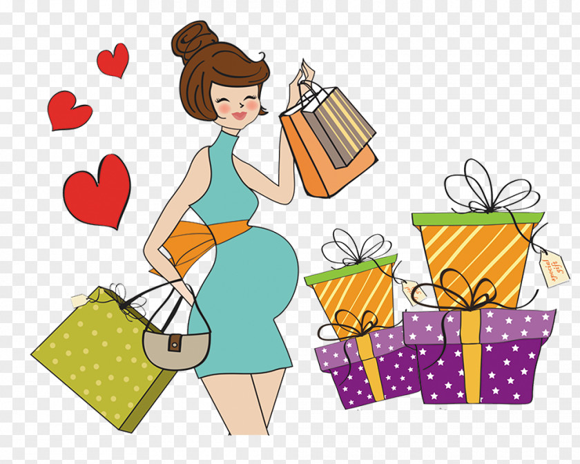 Beautiful Hand-painted Cartoon Pregnant Woman Shopping Pregnancy Drawing Photography PNG
