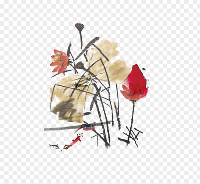 Chinese Painting Lotus Ink Wash Watercolor Illustration PNG
