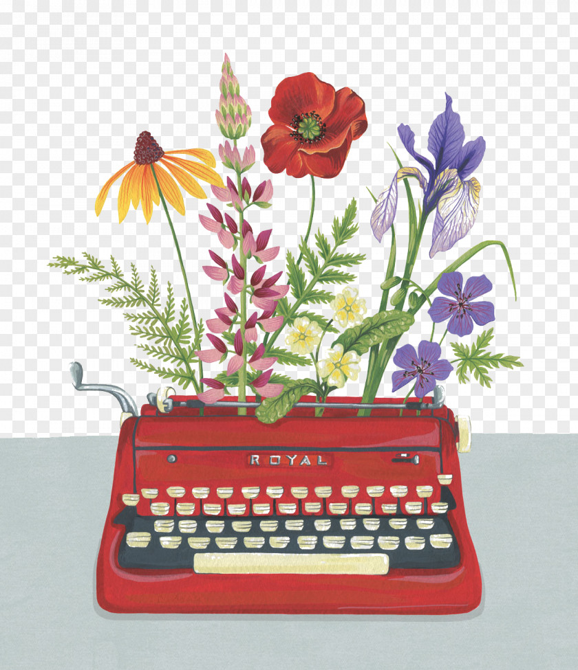 Hand-painted Flowers Typewriter Figure PNG