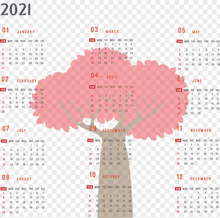 Year 2021 Calendar Printable Yearly Full PNG