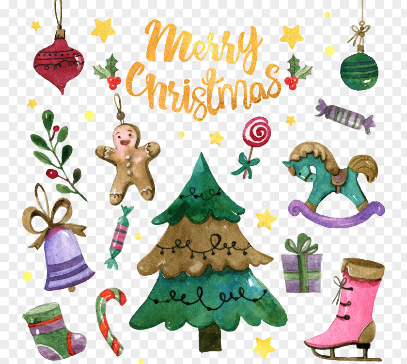 Hand-painted Watercolor Christmas Elements Tree Santa Claus Clip Art PNG