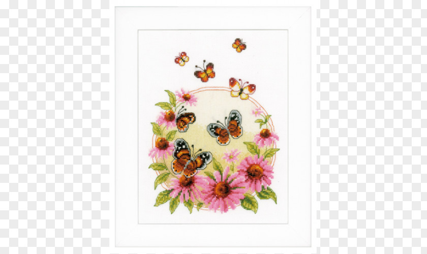 Cross Stitch Logo Floral Cross-stitch Embroidery Echinacea With Butterflies PNG