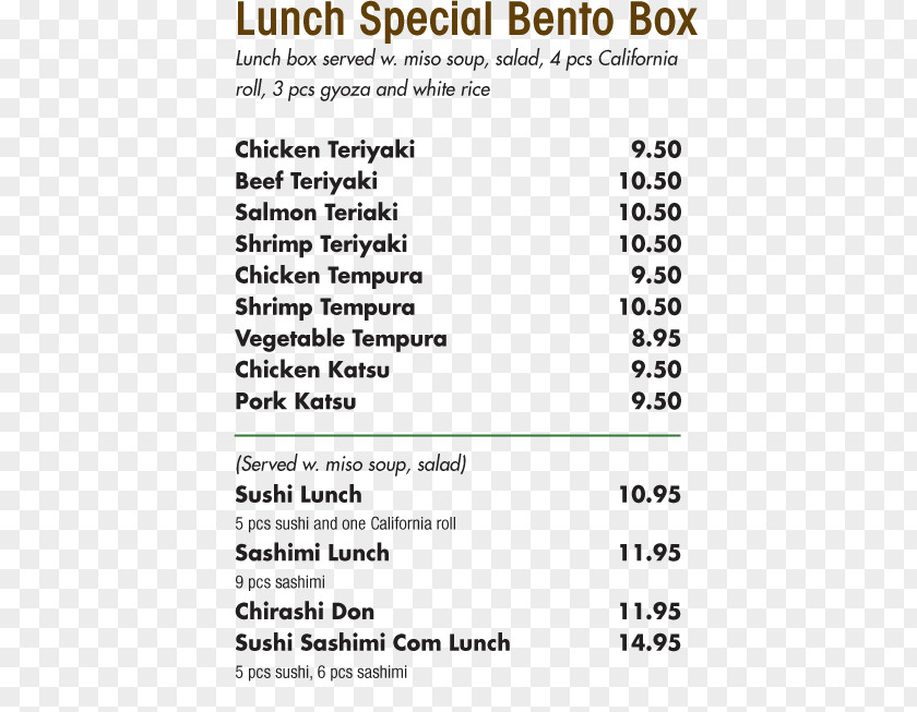 Cafeteria Menu Hana Japanese Steakhouse And Sushi Lounge Lunch Cuisine Document PNG