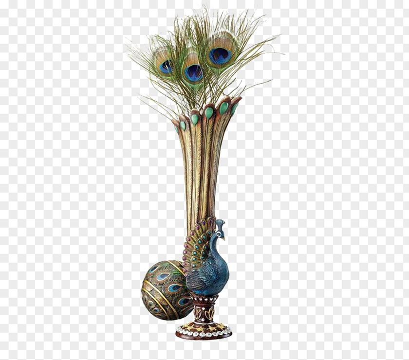 Vase Of Peacock Feathers Table Peafowl Sculpture Centrepiece PNG