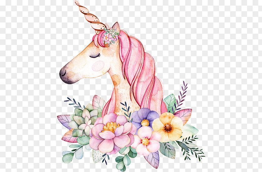 Unicorn Floral Design Watercolor Painting Digital Art Image PNG