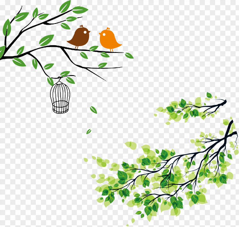 Cartoon Tree Branches Green Leaves Bird Background Decoration Leaf Twig U624bu6284u5831 Clip Art PNG