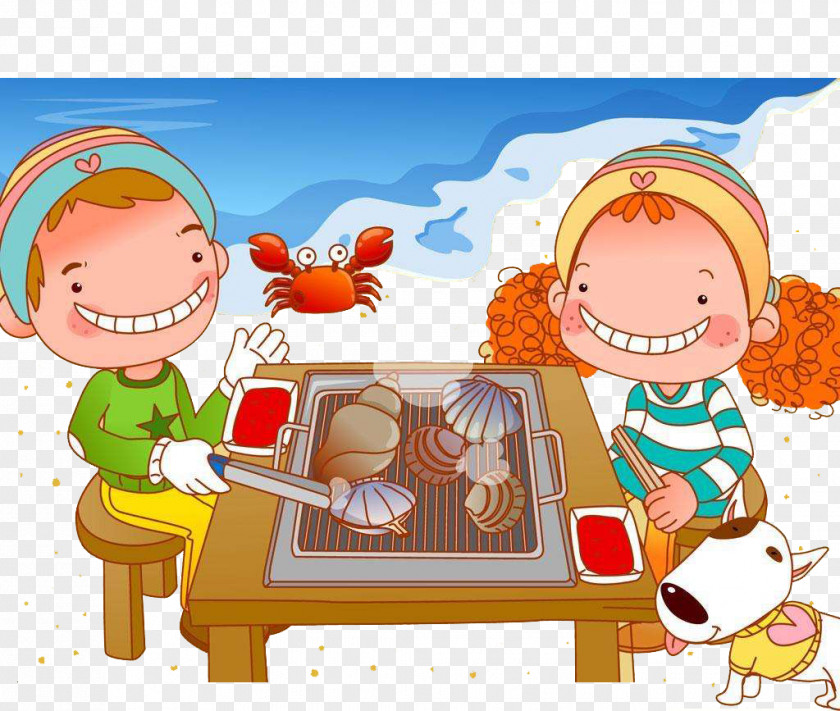 Seaside Children Barbecue Pattern Cartoon Illustration PNG
