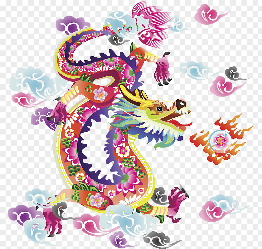 Colorful Flying Dragon Chinese Illustration PNG