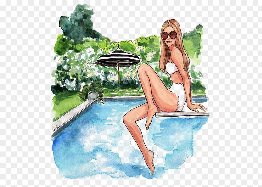 Woman By The Pool Drawing Fashion Illustration Art PNG