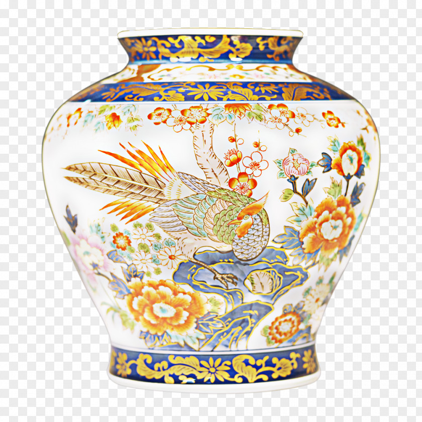 Ceramic Printing Peony Golden Chicken Vase Craft PNG