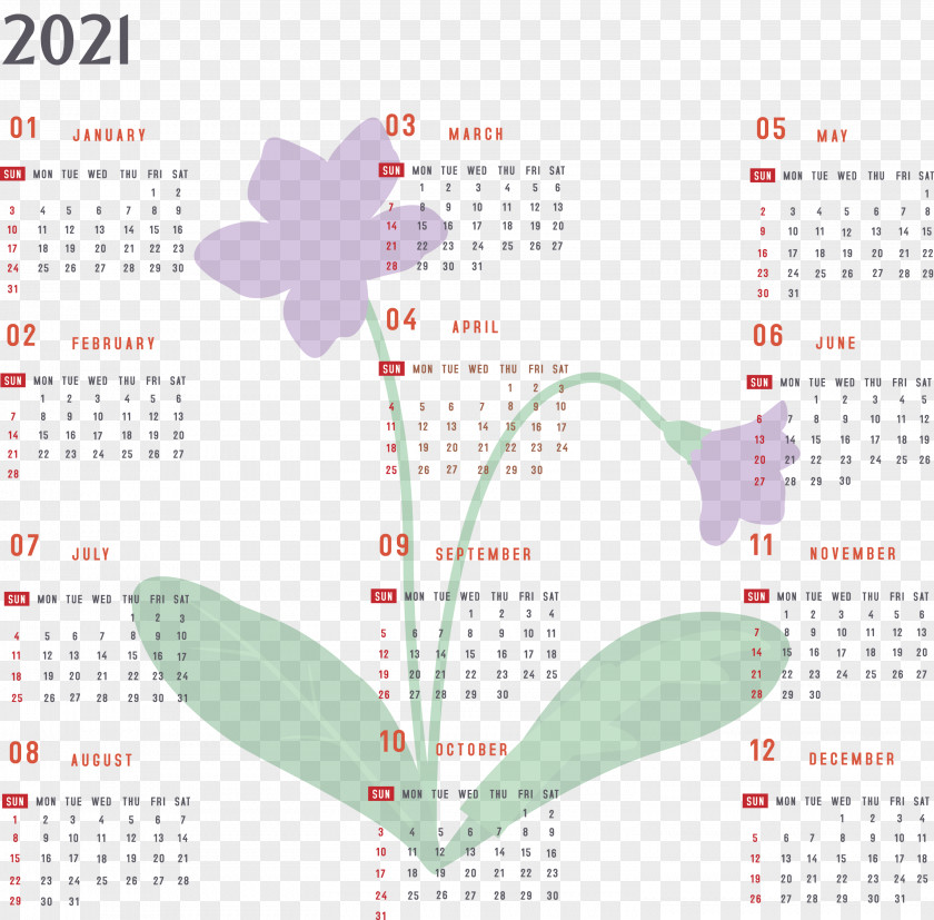 Year 2021 Calendar Printable Yearly Full PNG