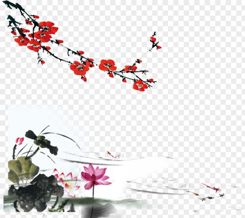 Plum Lotus Decoration Ink Wash Painting Trunk Download PNG