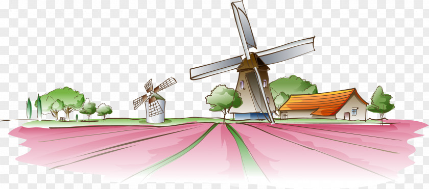 Vector Hand Painted Field Euclidean Fukei Windmill PNG