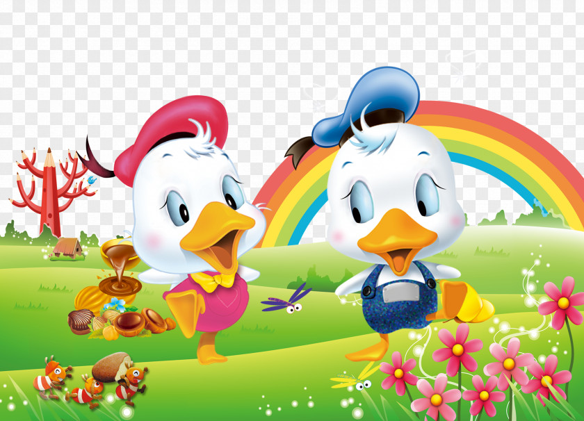 Donald Rainbow Paradise Flowers Green Grassland Poster Wallpaper PNG