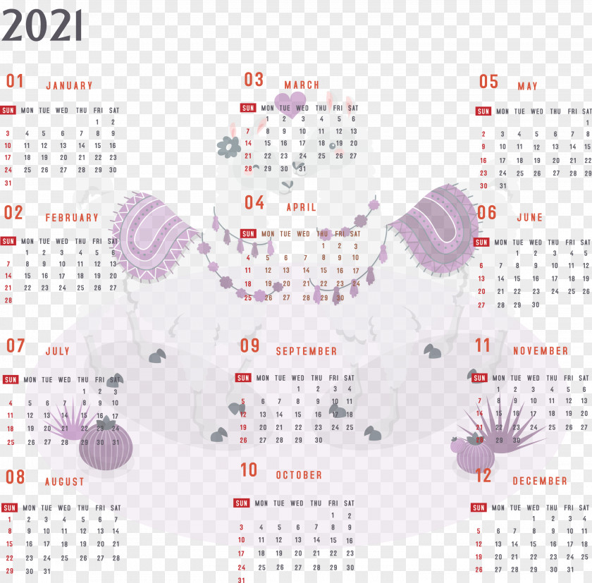 Year 2021 Calendar Printable Yearly Full PNG