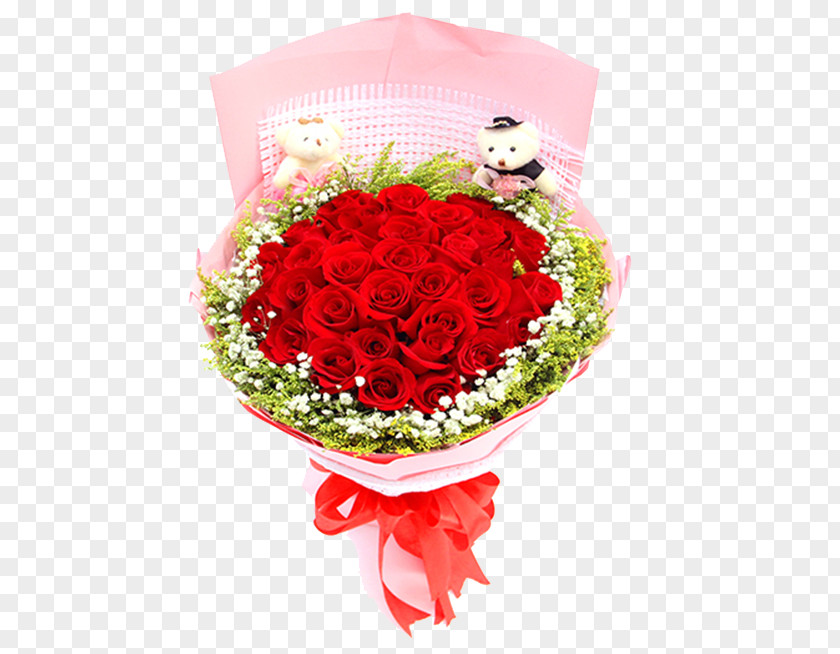 Pink Cardboard Wrapped Bear Rose Bouquet Garden Roses Paper Nosegay Flower PNG