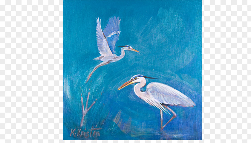 Blue Heron Great Egret Bird Painting PNG