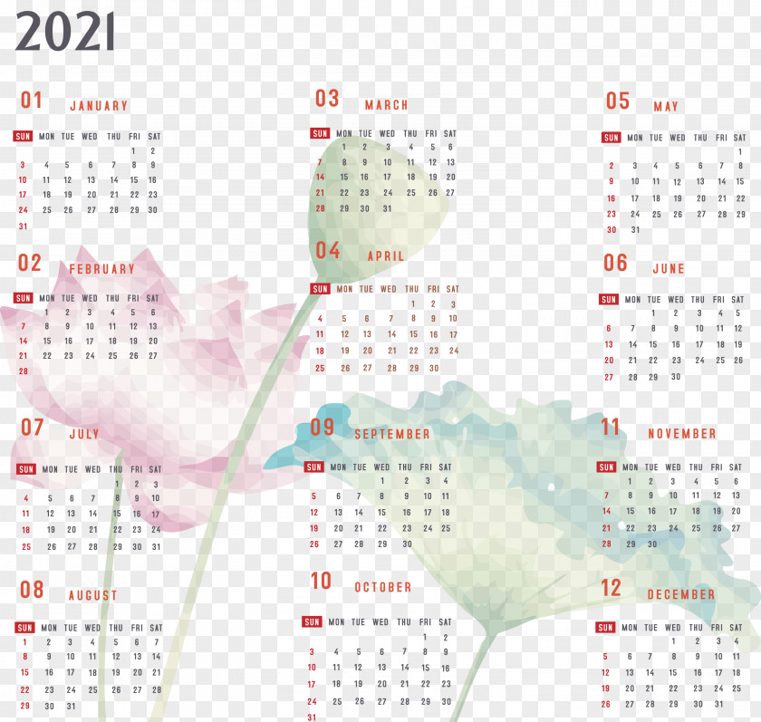 Year 2021 Calendar Printable Yearly Full PNG