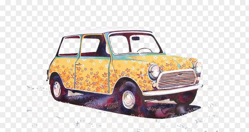 Cartoon Car MINI Cooper Watercolor Painting Innocenti Mini PNG