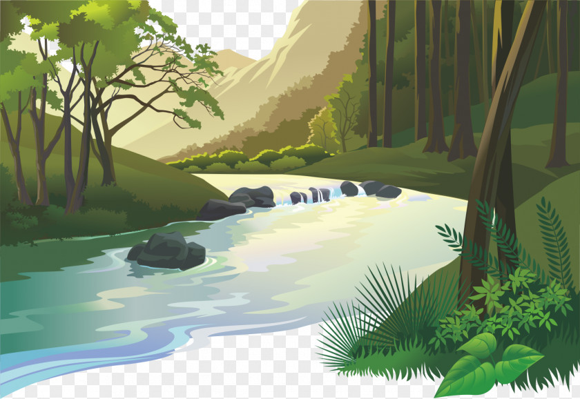 Wilderness Mountain Stream Background Natural Landscape Cartoon Nature PNG