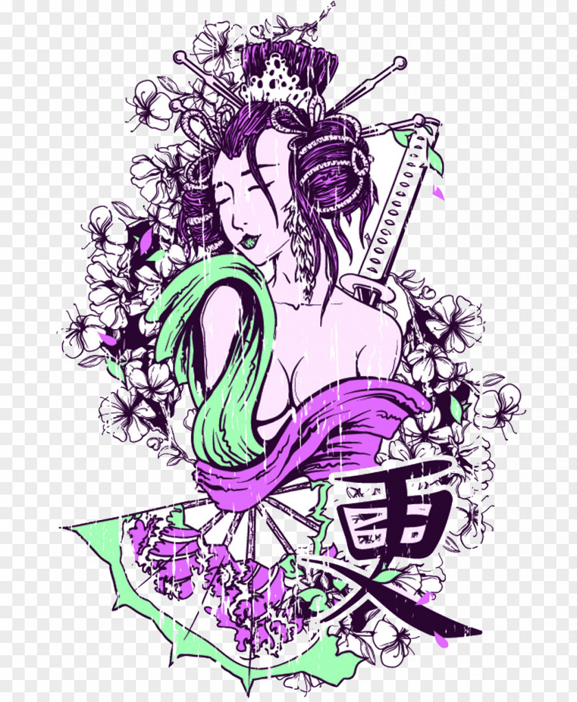 Creative Purple Japanese Woman Long-sleeved T-shirt PNG