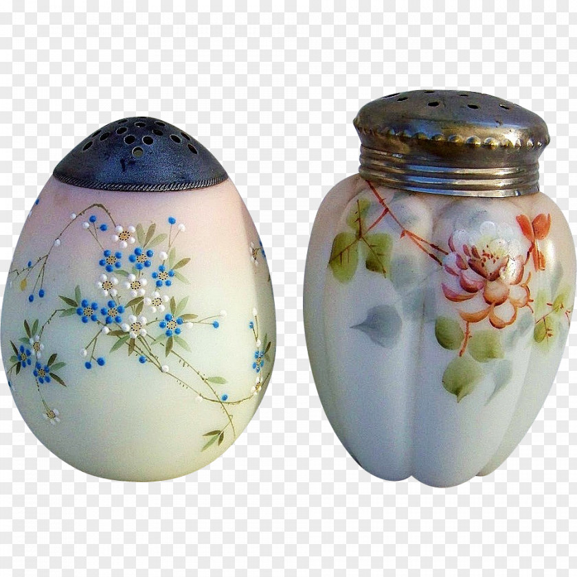 Hand Painted Cantaloupe Salt And Pepper Shakers Shape Satin Glass 1880s PNG