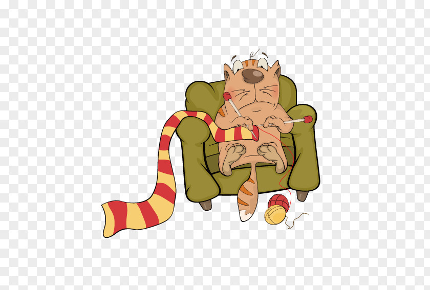 Woven Scarves Cat Sitting On Sofa Kitten Knitting Illustration PNG