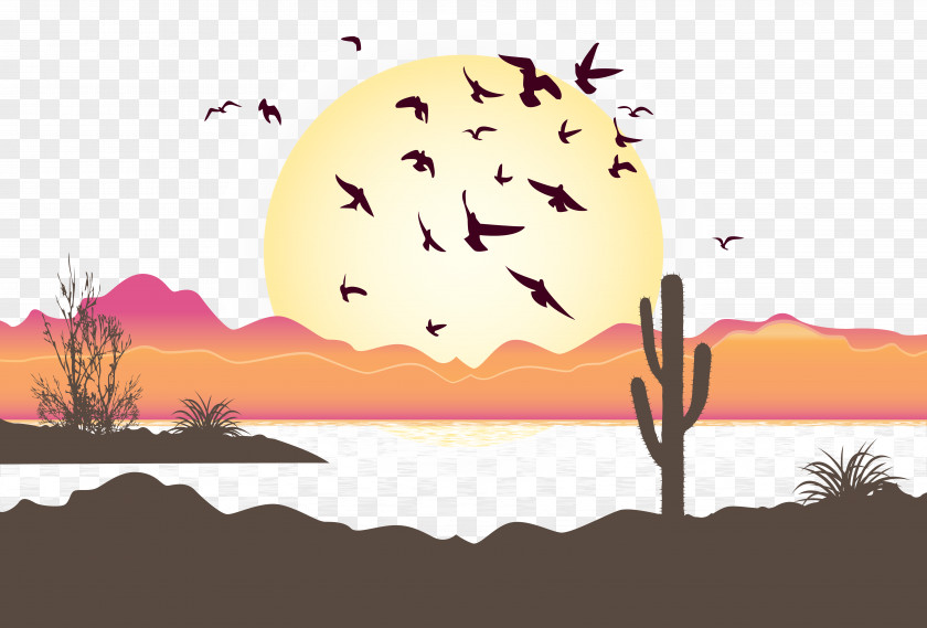 Desert Sunset Vector Bird Flight Illustration PNG