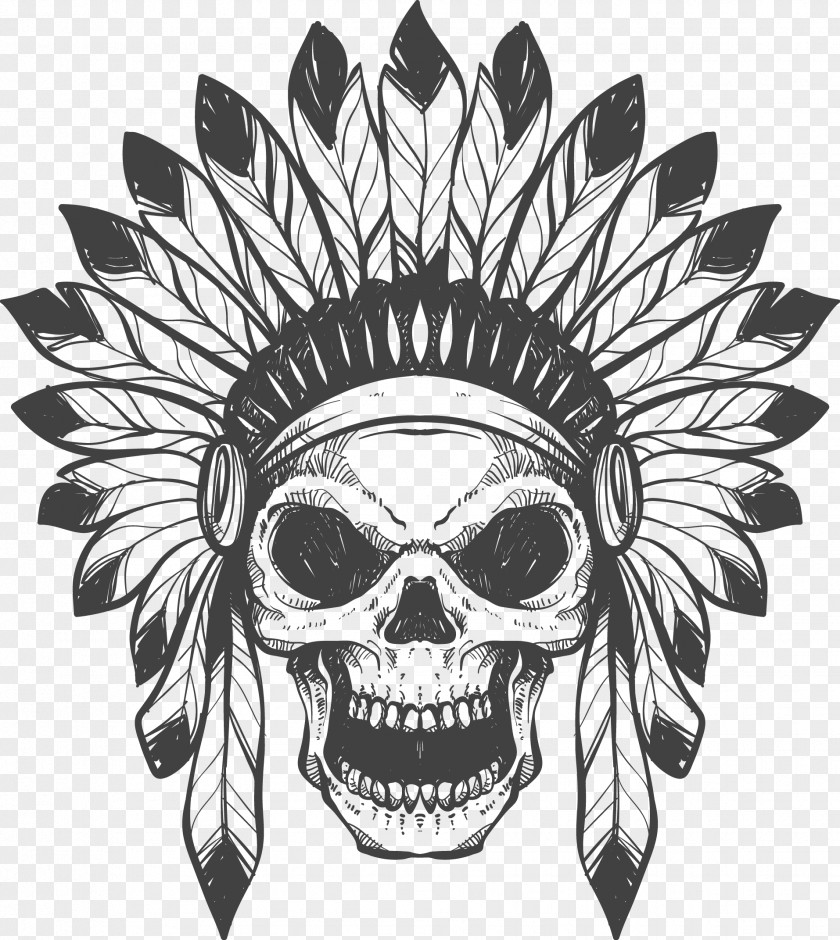 Vector Handprinted Indian Skeleton T-shirt Skull War Bonnet Feather Native Americans In The United States PNG