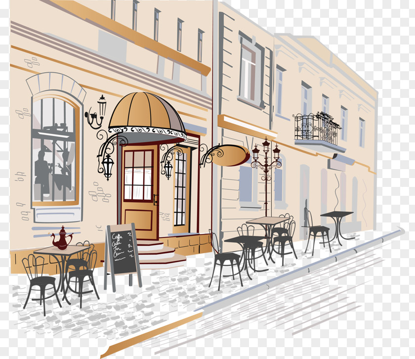 Hand-painted City Corner Cafe Drawing Street Illustration PNG