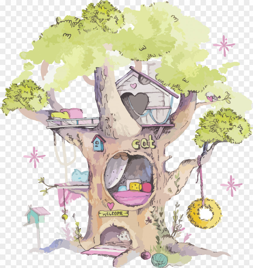 Plant Tree House Watercolor Floral Background PNG