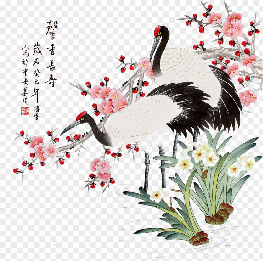 Crafts Art Photos Red-crowned Crane Chinese Painting Bird-and-flower PNG