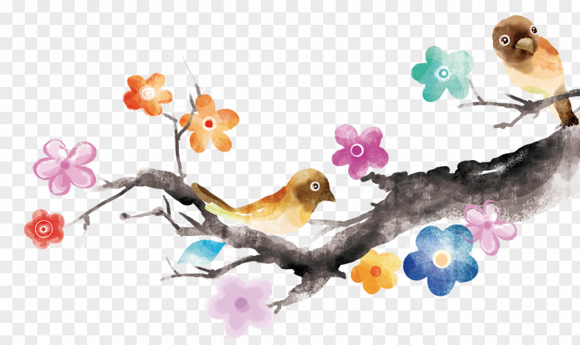 Watercolor Bird Branches Ink Painting Taobao PNG