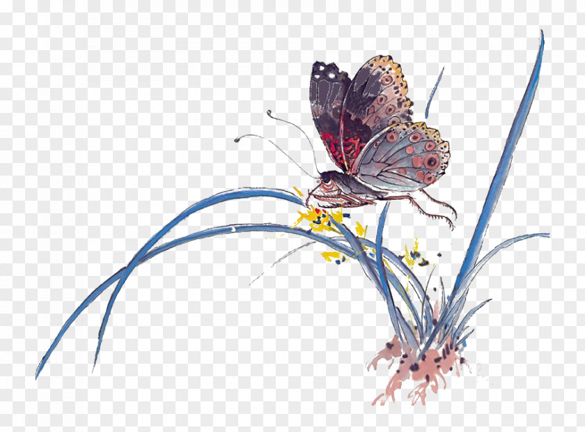 Ink Grass Butterfly Wash Painting Chinese Art PNG
