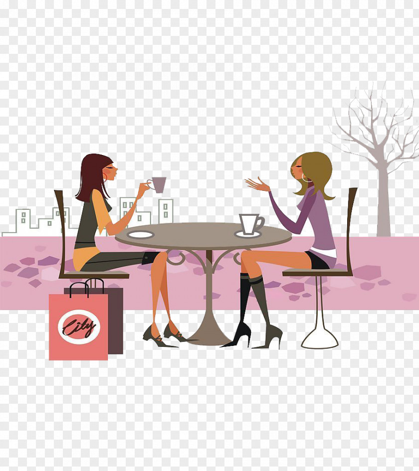 Two Beautiful Women Drink Coffee Dubai Illustration PNG