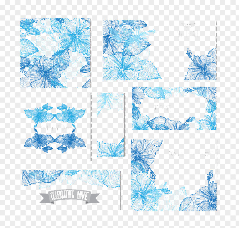 Seven Blue Painted Flower Card Vector Wedding PNG